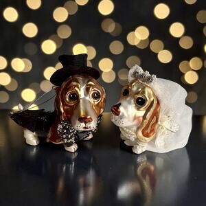 Bride & Groom Wedding Anthropomorphic Bassett Hound Holiday Christmas Ornaments